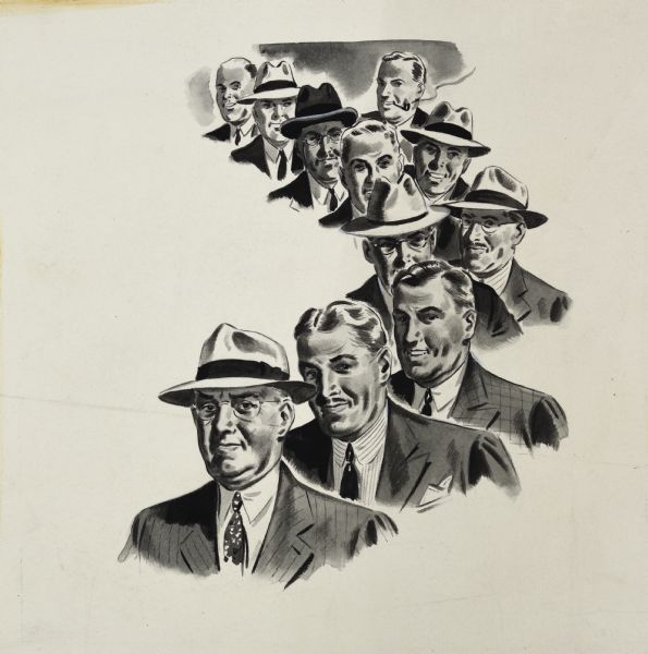 Illustration art of eleven men in business suits and hats, showing head and shoulders in an "S" curve. They are all smiling against a white background.