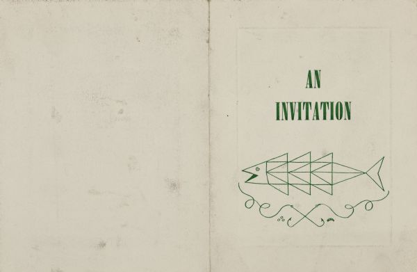 Two-fold, imprinted invitation in green on off-white card stock to the annual Ice Chipper event. The cover graphic shows a geometric line-drawing of a lake fish above crossed fish hooks and line. Bait of eggs and a worm are by the hooks. Text reads: "An Invitation."