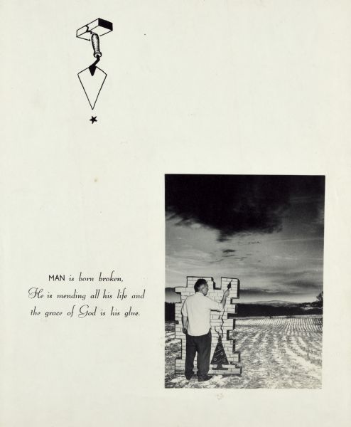 Four-fold, cover with line drawing of a trowel topped by a star standing upright on a broken brick. Inside is a photograph of Sid using a trowel pointing a brick wall in farm field in winter. A simple Christmas tree is drawn on the brick wall. Text inside reads: "MAN is born broken, He is mending all his life and the grace of God is his glue." Black on white.