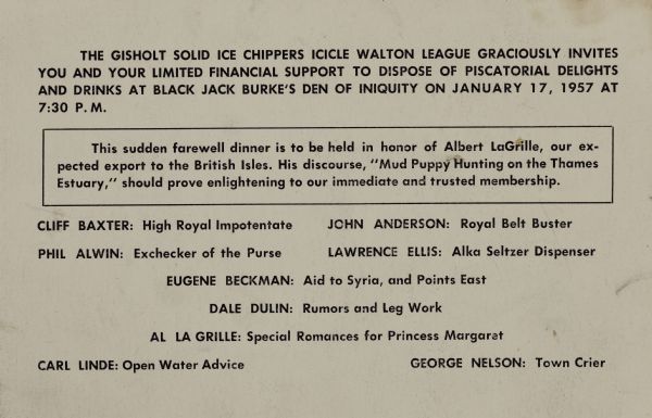 Invitation for Ice Chippers, an ice fishing club of Gisholt Machine Company, to a farewell dinner for Albert LaGrille. The date of the event is January 17, 1957, and the invitation lists officers and "duties."