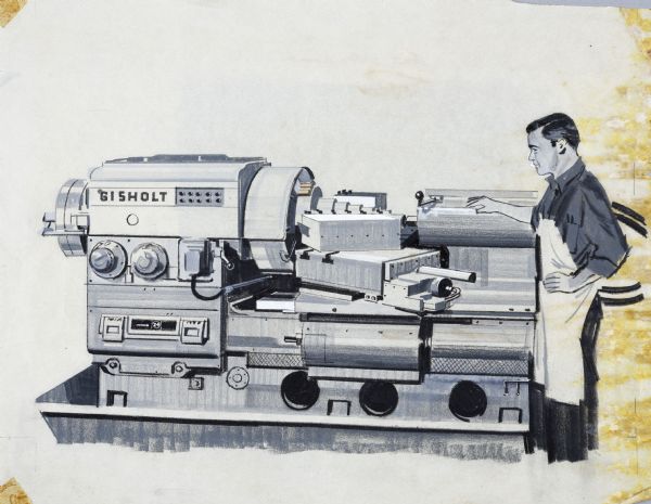 Grey-tone painting of a Gisholt Automatic Lathe with a male operater standing on the right.