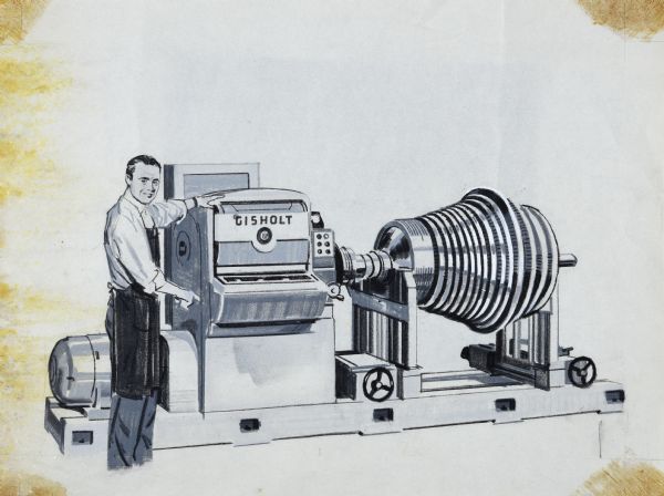 A man standing on the left has his hands on the control panel of a Gisholt balancing machine. Graytone painting.