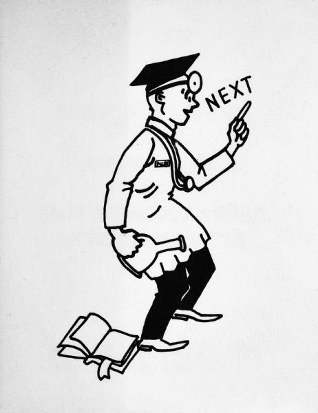 Four-fold page in black on white. In one quarter, a man is dressed in black pants, white lab coat, stethoscope, doctor's head reflector, and graduation cap, and is carrying a hospital urinal. Behind him on the ground lies an open book with a bookmark. The man is pointing with one finger near text that reads: "Next." On inside quarter the text reads: "Graduation Party for Mark A. Fuss at 4604 Winnequah Road, Monona, WI 53716. Date: Sunday, May 22, 1983. Time: 2:00 PM - 10:00 PM."