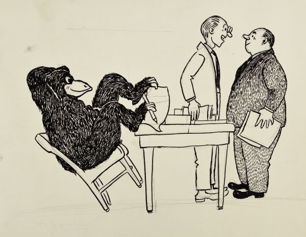 Satirical ink-on-paper cartoon about corporate culture. An ape is sitting on a chair tilted back in front of a desk, and writing with a pencil in its foot on a piece of paper. Two men are talking to each other on the other side of the desk.