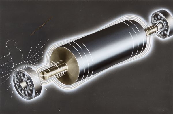 Illustration of a machine part. On the left is a white dashed outline of a hammer hitting encased ball bearings at the end of a cylinder.