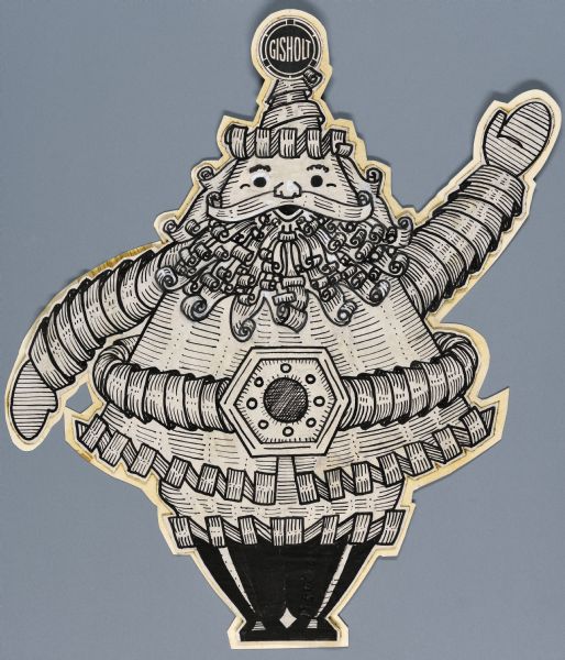 Cutout drawing of Santa Claus made up of machine parts. At the top of his hat is a sign that reads: "Gisholt."
