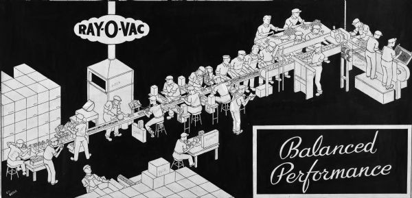 Elevated view of men working on the assembly line at Rayovac. The title is "Balanced Performance." Written in pencil on parts of the drawing are "Pitch," "Recheck," "Pack," and "Culls," etc.