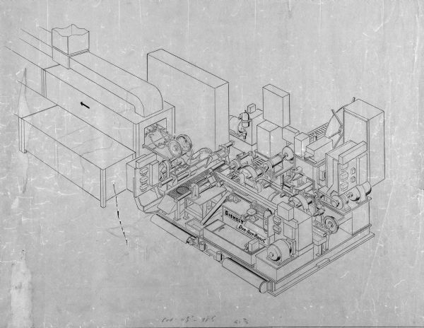 Mechanical drawing in graphite on transparent paper of an automated machine by Gisholt Machine Company for its Dyn-Aut-Ronic product line.