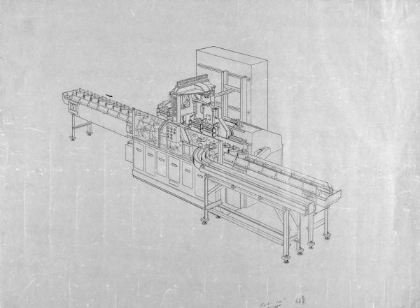 Mechanical drawing in graphite on transparent paper of an automated machine by Gisholt Machine Company for its Dyn-Aut-Ronic product line.