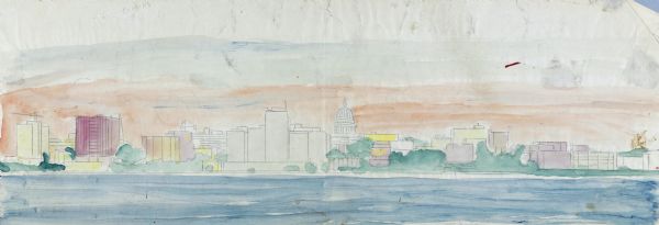 Watercolor painting of a view of downtown Madison from Lake Monona. The Wisconsin State Capitol is in the center. 