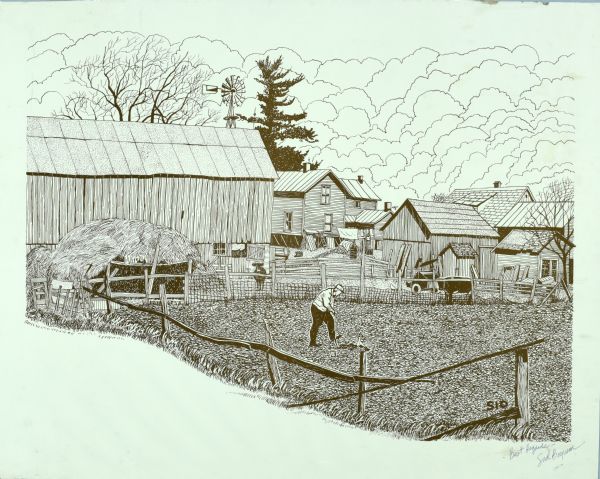 Pen and Ink drawing of a man digging in a small, fenced-in field. Two cows, a haystack and numerous farm buildings are in the yard, and a farmhouse, trees and clouds are in the far background.