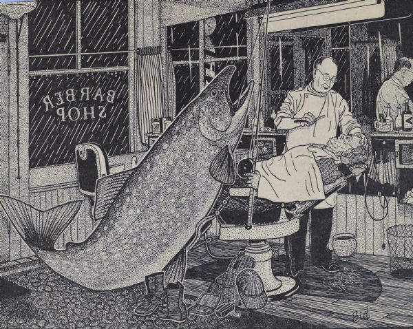 Imaginative pen-and-ink drawing titled, "Today and Tomorrow — The Fisherman's Myth Never Flounders," that appeared in the <i>Wisconsin State Journal</i> on May 10, 1968 with Sid's caption: "Today it's a dream in a barber shop, a boast in a tavern, a hope shared by a boy and a man. Tomorrow when the fishing season opens it will be a tug on the line, a pounding heart, and elation or despair. Today the trout is big enough to swallow a barber. Tomorrow it will be barely big enough to sink a bobber. Today the fish will snap like alligators at imaginary lures thrown in a hundred directions. Tomorrow they will be temperamental and fussy, and their toothy jaws may never open. The dream grows larger until it consumes the day like the rainstorm outside the barbershop windows. Oh they'll hit tomorrow until we won't be able to carry 'em home." Sid's authorship is in the lower right corner. 