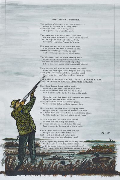 Man hunting ducks standing in the marsh with his gun raised, aiming it into the air. He is wearing a hunting jacket. In the marsh are two ducks floating on the water. Two ducks are flying just above the water in the background. In the center is a poem titled: "The Duck Hunter." 