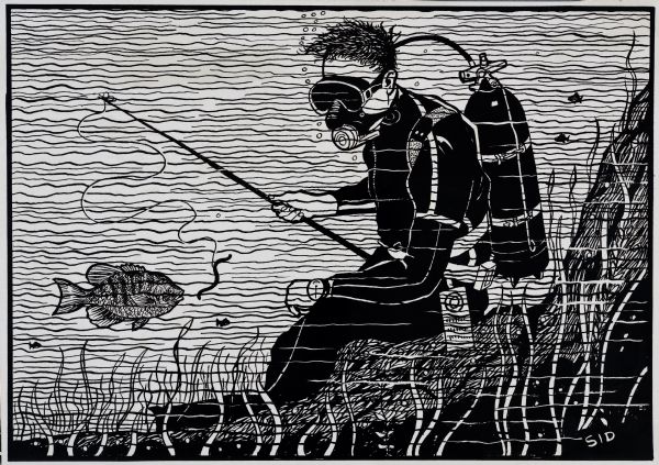 Imaginative pen-and-ink drawing of a man wearing diving gear is fishing underwater. He is sitting on the lake bed among weeds with a worm on the end of his line. A large fish is swimming towards the worm. Sid's authorship is in the lower right corner.