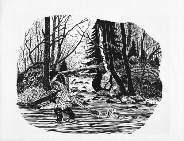 Imaginative pen-and-ink drawing of a fisherman wearing waders in a creek at the juncture of a cascading stream. He is surrounded by trees and forest berms. Holding a fishing rod with taut line in one hand, he is trying to net a trout leaping out of the water with the other. 