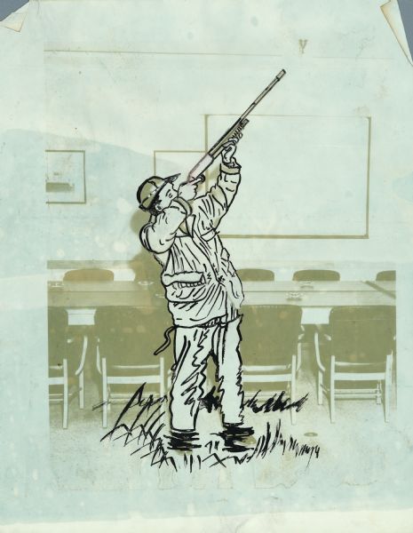 Drawing with graphite and blank ink of a man posing with a shotgun over a photograph of a board room at Gisholt Machine Company.