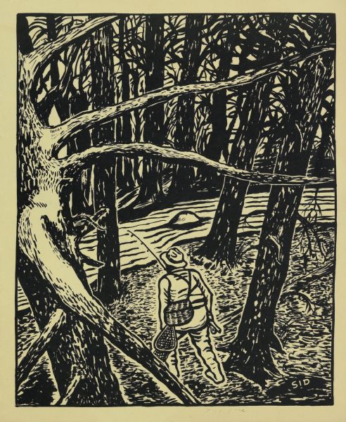 Front of two-fold invitation to the Ice Chipper's annual gathering, held on February 28, 1961. The front design is a drawing by Sid of a fisherman walking in the forest towards a creek carrying a fishing rod, a fishing net and a creel.
