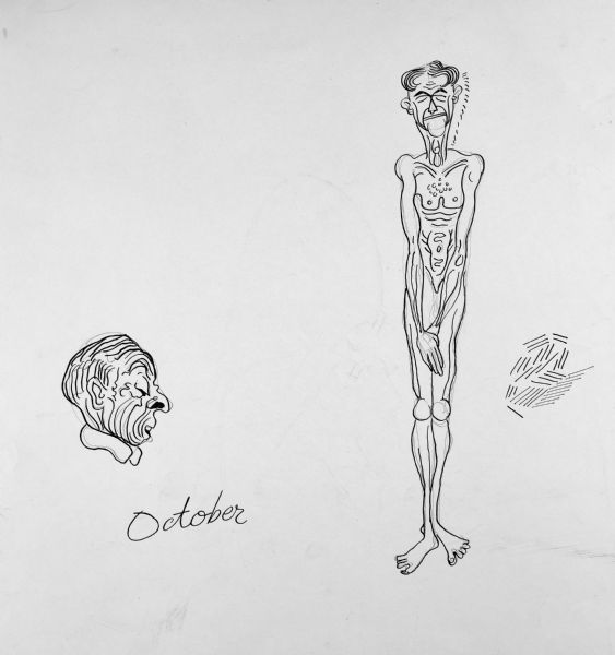 Portrait of man's head in profile above the word "October." On the right is a full-length sketch of a naked man, covering his genitals and grimacing.