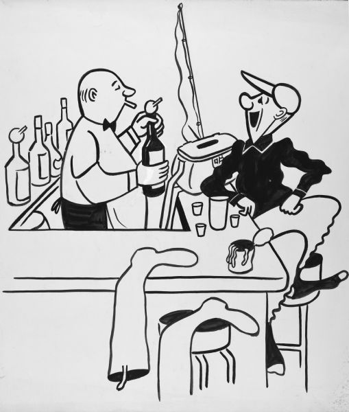 A fisherman in a ball cap and socks is sitting on a bar stool and talking to the bartender, who is smoking a cigarette and holding a liquor bottle. His waders are strewn across the counter of the bar and a stool, and his fishing pole and creel are resting on the bar behind him. An open can of worms sits at the corner of the bar.