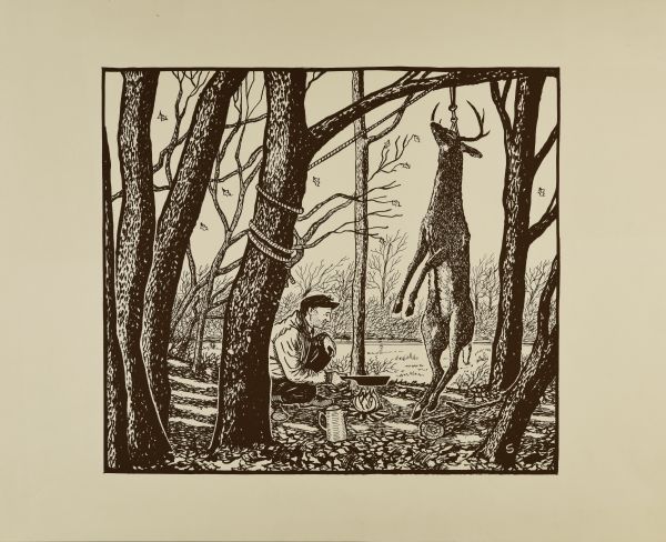 In the woods, a man is cooking over a campfire, while a deer carcass is hanging from the branch of a tree. Sid's poem accompanying the image in the newspaper reads: "Chilly Mornings, Fresh Fallen Snow, on Secret Trails No One Should Know, The White-Tailed Deer Creates the Mood, to Test Your Skill and Fortitude."
