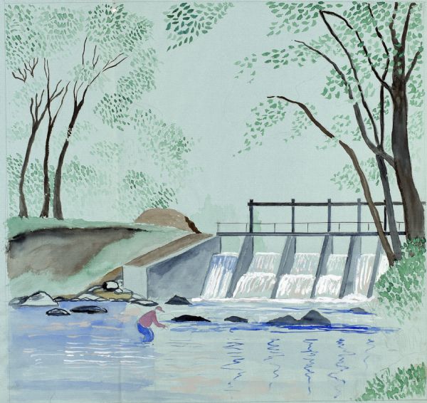 Painting of a man fishing in a stream below a dam.