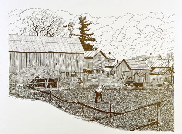 Pen and ink drawing farm scene of a man digging in a small, fenced-in plot of bare earth land. The scene includes two cows, two birds, a haystack, windmill, out buildings and a farmhouse, where a women looks towards him, standing on the porch next to clothes and sheets drying on the line. Line-drawn clouds fill the sky overhead and the bare branches of trees suggest late winter or early spring.