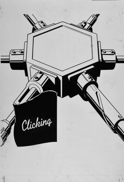 Drawing of a machine part with a sign that reads: "Clicking."