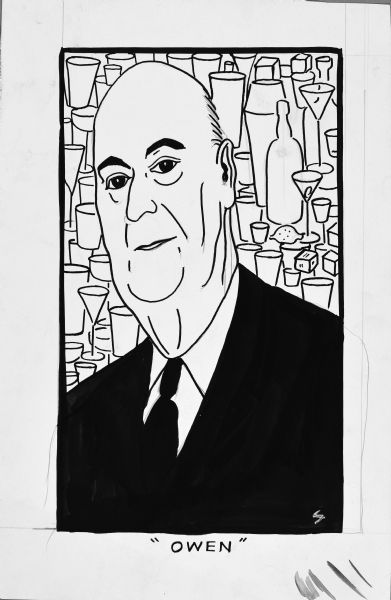 Portrait of a man, perhaps a bartender, wearing a suit and tie. In the background is a wall of bottles, various cocktail glasses, shakers and a lemon. Text suggests the man's name: "Owen."