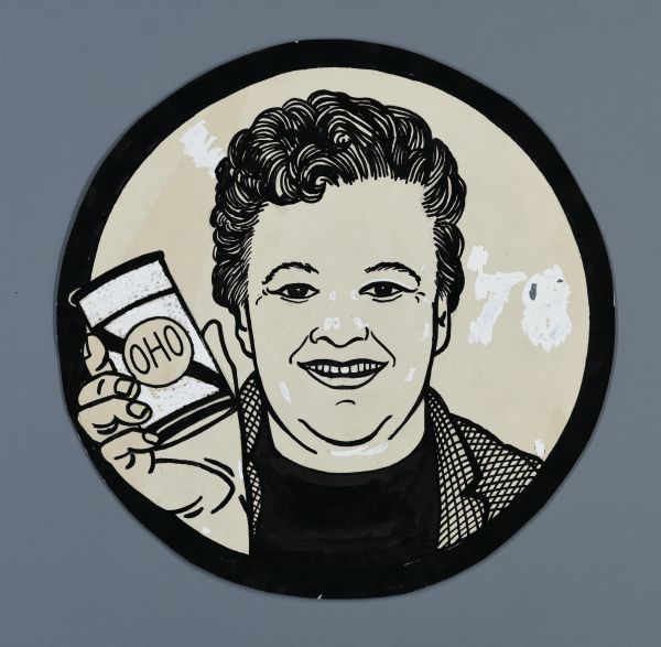Round portrait of Joann, owner of the Ohio Tavern. She is holding a beer can which reads: "OHO." 