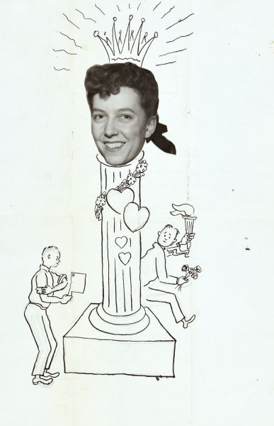 A women's photographic head shot has been pasted onto a line drawing depicting her as the capital of a pillar. The pillar is decorated with flowers and hearts. Above her head is a drawing of a crown. At the base of the pillar is a man standing and holding a cleaver and rolling up his sleeves, while another man holding a bouquet of flowers and a torch is running away while looking over his shoulder. 