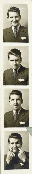 Four quarter-length portraits made in a photo booth of Sid wearing a suit and tie. He is posing with different expressions in each frame.
