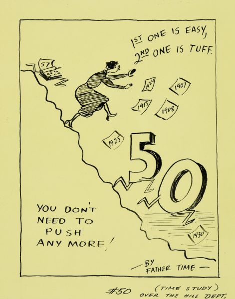 Black ink on yellow card stock birthday card. Illustration of a woman in heels and a long dress, short hair and glasses running down a steep  and bumpy hill with her hands out. Behind and above her a typewriter with legs is chasing after her with a sheet of paper in the roller wit the number "57" on it. In front of her, large, anthropomorphized numbers "5" and "0" run down hill. Sheets of paper with years on them (1907, 1908, etc.) are floating in the air. Text reads: "1st one is easy, 2nd one is tuff." Bottom text reads: "You don't need to push any more — By Father Time —" At the bottom text reads: "#50 (Time Study) Over the Hill Dept."