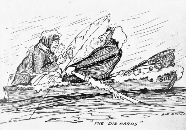 Two men, Sid and his good friend Gene Beckman, fishing from a boat in a cold, stormy weather. One man is rowing with ice-covered oars, and the other man is holding a frozen fishing rod with icicles on it. Their heads and the boat are covered with snow. The name of the boat, "SOB" is on the front of the boat. At the bottom, text reads: "The Die Hards." Sid's signature is in the lower right hand corner.