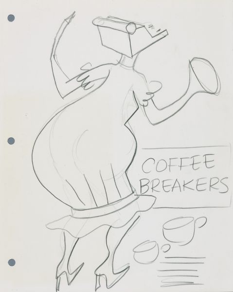In pencil on white card, a cartoon of a woman, probably a secretary, seen from the back, wearing a dress and high heels, with a typewriter for a head, a pencil in one hand and a dictaphone in the other hand. At the bottom are coffee cups and a sign that reads "Coffee Breakers."