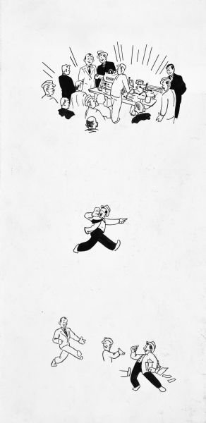 Black ink on white card, of three images in cartoon-style. The top image is of a group of men admiring a Gisholt Lathe, the middle image is of a man running while looking behind him and holding his hand up to his mouth, and the bottom images show a man wearing a suit striding forward, a partial figure of a man looking backwards, and another man hitching a ride while papers are falling from under his arm. All the men are smiling broadly.