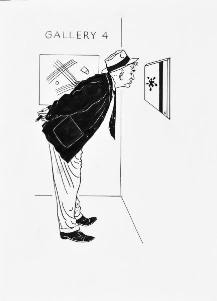 Drawing of Sid Boyum standing with his hands behind his back holding a cigar and bending over to look closely at an artwork hung on the wall in a gallery. It appears that he has spit tobacco at the painting. 