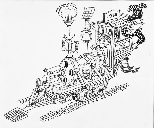 Line drawing of an engineer driving a locomotive on railroad tracks. A sign on the engine car reads "1963" and on the side is: "D.C. Deering." 