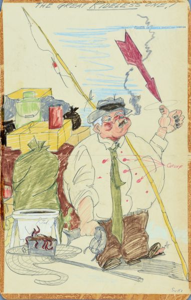 Drawing of a disheveled fisherman with a cigar in his mouth holding up his thumb to hitchhike. He is holding a fish in one hand, and a fishing rod is resting over his shoulder. On the right is a word in red, "Catsup," from which red arrows point to stains on the man's shirt. A mosquito is biting one of the man's toes which is sticking out of the front of a shoe which is falling apart. The man is leaning against stacks of bags, boxes and bottles. On the bottom left is a bucket of worms standing on a fishing net. Above the worms is the signature that reads: "Ted." The title at the top reads: "The Great <u>Rideless</u> One!"