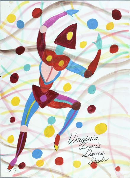 Painting of a human figure dancing. The background is decorated with dots and lines in various colors. At the bottom the caption reads: "Virginia Davis Dance Studio."  