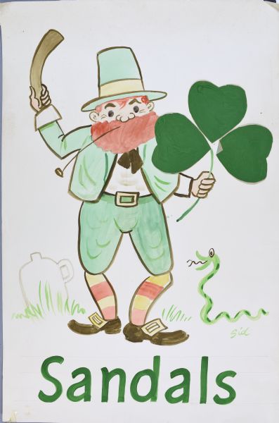 Drawing of red-bearded leprechaun with a pipe in his mouth. He is holding up a curved bat (perhaps a shillelagh) in one hand and an oversized three-leafed clover in the other. On the grass is a green snake facing the man with its mouth agape. In the background on the left is a jug. The caption at the bottom reads: "Sandals." Created for Cecil's Sandals holiday sales around St. Patrick's Day.