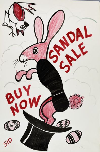 Drawing of a pinkish-red rabbit jumping out of a black top hat. It's black body is the outline of the sole of a left shoe. Pink eggs decorated with black stripes and zig-zags are falling out of the hat. At the top is a bird standing on a branch looking down at the rabbit. The caption red ink reads: "Buy Now, Sandal Sale." Created for Cecil's Sandals holiday sales around Easter.