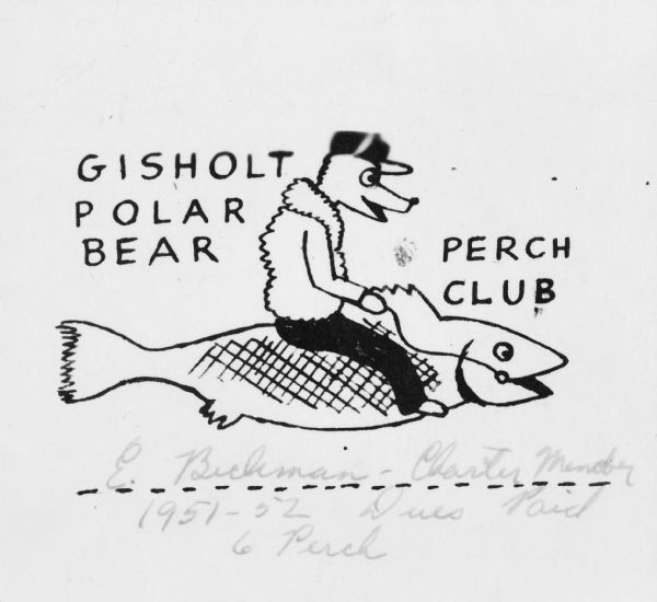 ONe-fold, copy art invitation that is a drawing of a white bear wearing pants, a coat and hat riding on the back of a fish. The bear's hand is holding onto a lured line attached to the fish's mouth. Text reads: "Gisholt Polar Bear Perch Club." 