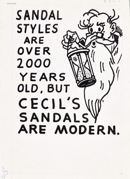 Drawing of an old man with a long beard and moustache holding a sand hourglass. On the left the caption reads: "Sandal styles are over 2000 years old, but Cecil's sandals are modern."