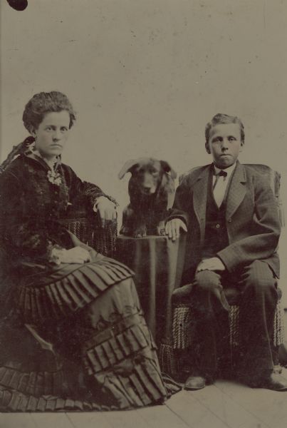 An unknown boy and woman, possibly Arthur Pugh and his mother Jeanette, posing sitting for a full-length studio portrait. Between them a dog is sitting on a small table. The woman is wearing a fancy dress with pleated trim.  The boy is wearing an oversized suit. Hand-coloring on cheeks.