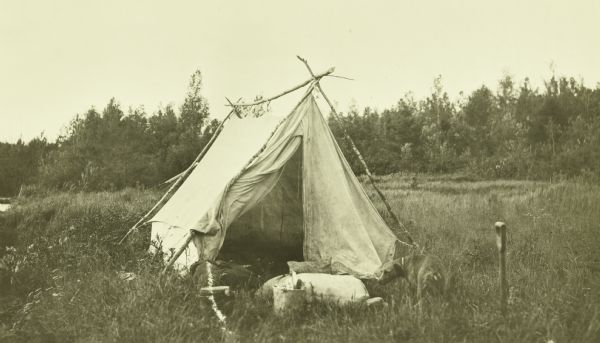A tent with a birch pole frame. A pack of supplies is on the ground at the opening of the structure.