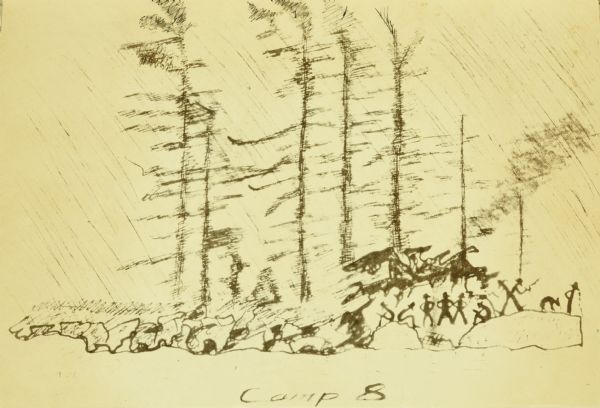 Carl's drawing of Camp 8 on Kasakokwog Island. The sketch depicts trees and men.