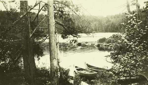 A serene view from shoreline through trees towards Quetico Lake. Two canoes are at the shoreline.