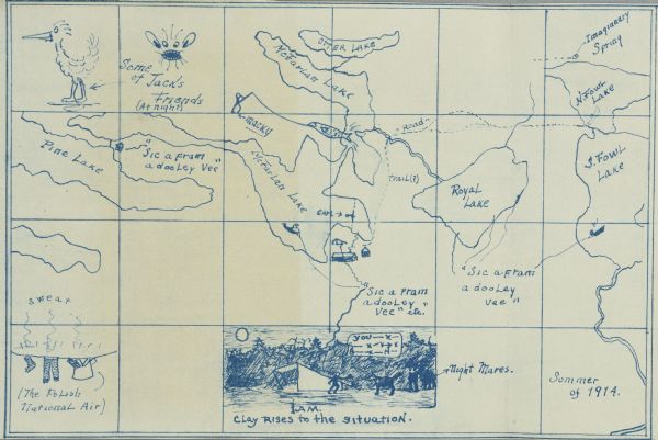 A map, hand-drawn by Carl Greene, of the McFarland Lake (Minnesota) region. The map also includes several clever, humorous drawings referring to some members of the Gang and their travel adventures.