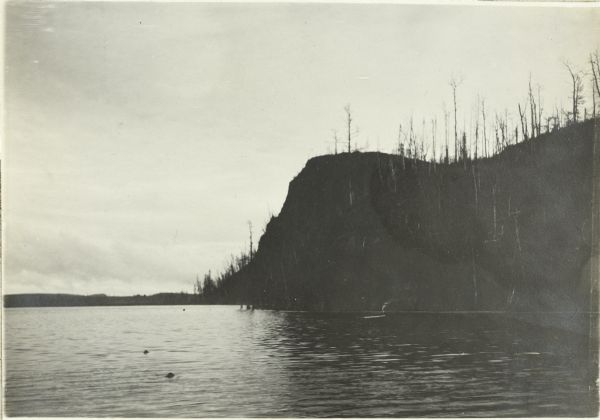 A dramatic view of South Fowl Lake and the steep shoreline. This lake is near McFarland Lake.