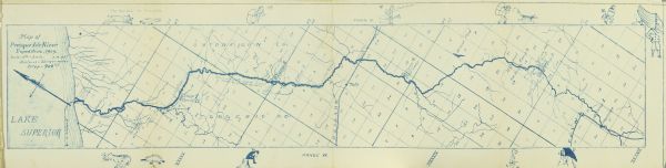 A cyanoprint map of The Gang's journey down the Presque Isle River. There are small drawings around the border depicting the adventures of The Gang and Carl Greene's dog Nimrod.